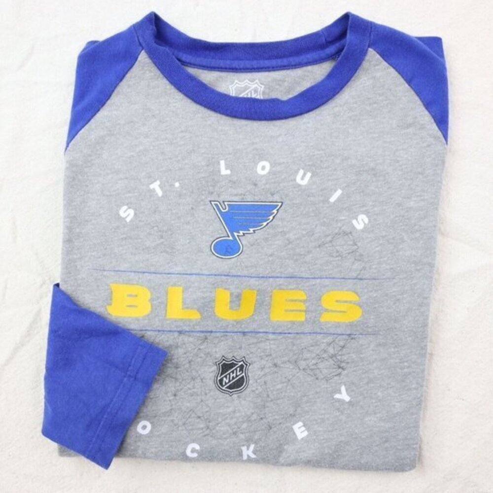St. Louis Blues Shirt Kids M NHL Hockey Raglan Tee Gray Blue Youth Medium 8 10